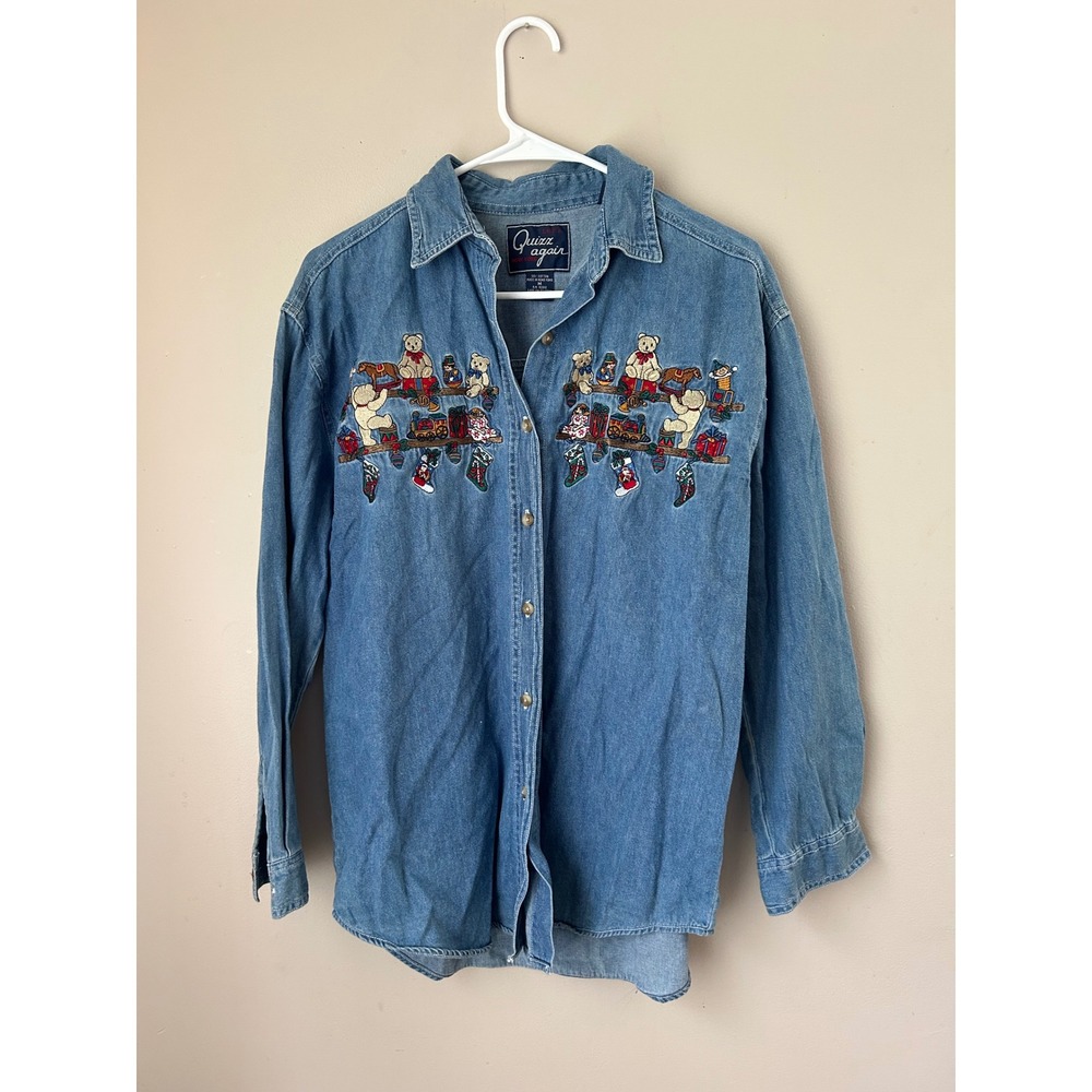 Vintage Quizz Again Teddy Bear Embroidered Denim‎ Button Down Shirt